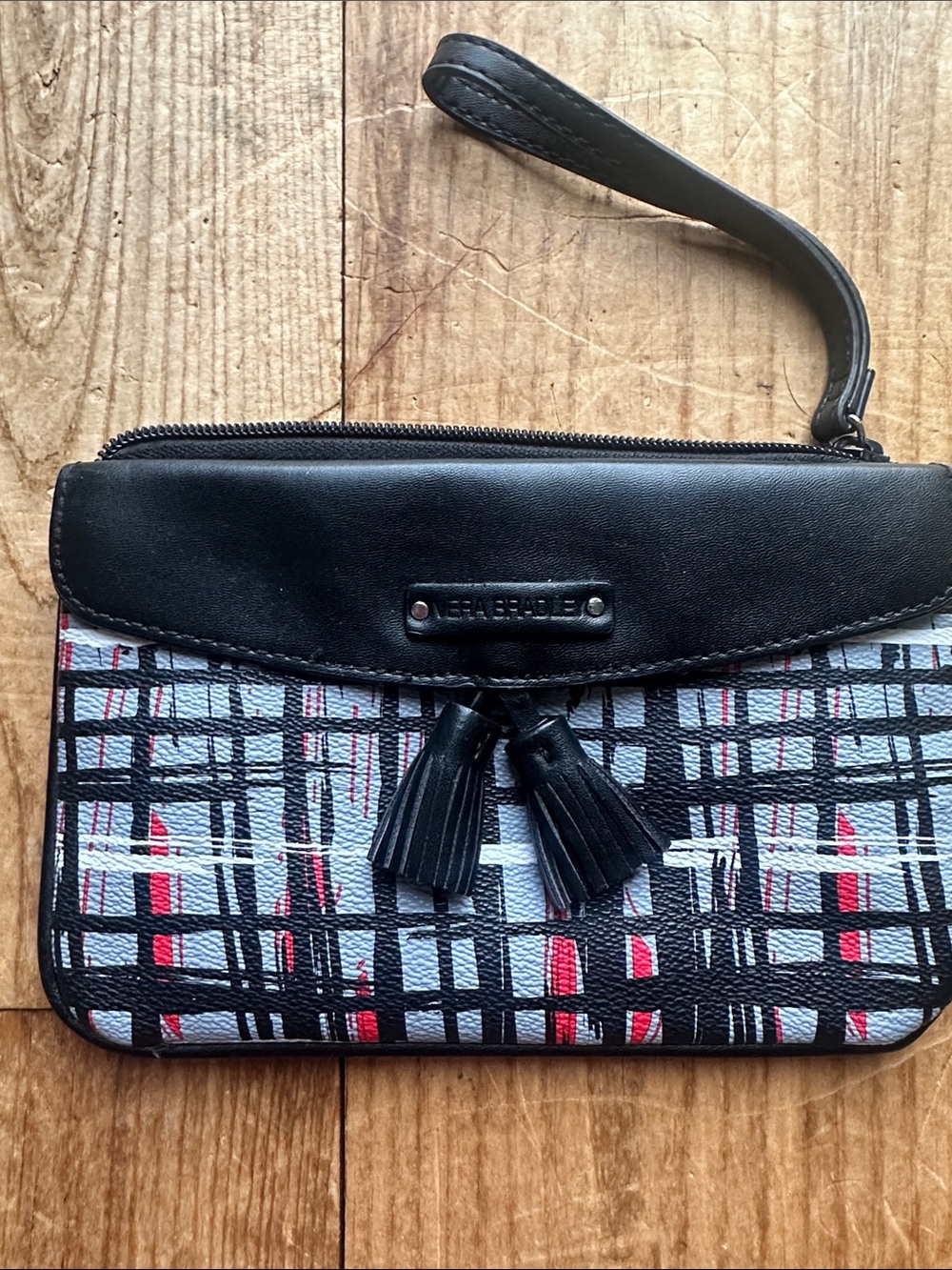 Vera Bradley Black Plaid Wristlet Clutch with Tassel